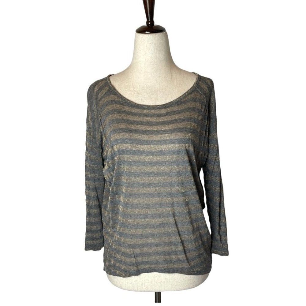 Patterson J. Kincaid Gray and Gold Metallic Striped Round Neck Blouse Size XS